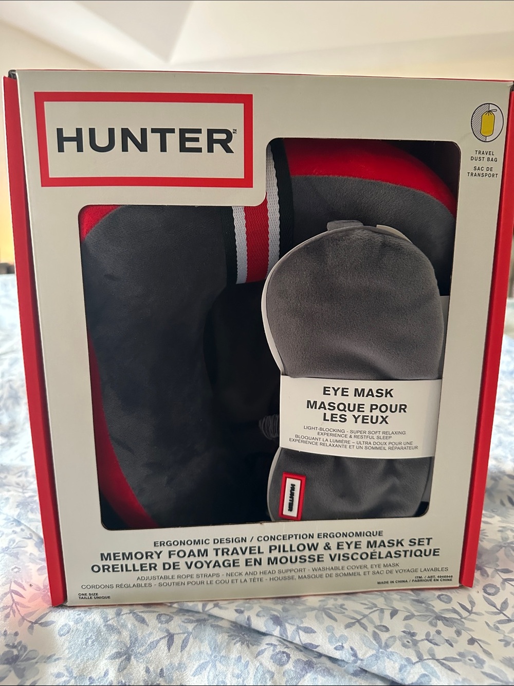 HUNTER Gray and Red Memory Foam Travel Pillow & Eye Mask Set